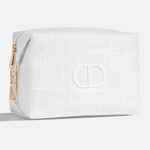 NEW Dior White Linen-like Cosmetic Beauty Makeup Pouch Bag with Gold Accents
